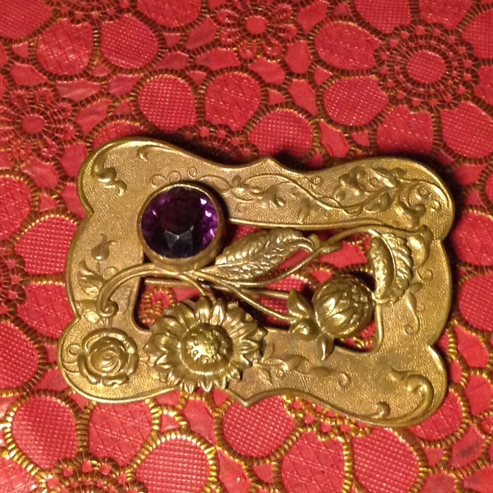 Antique Brass Victorian Purple Glass Sash Pin For Collector